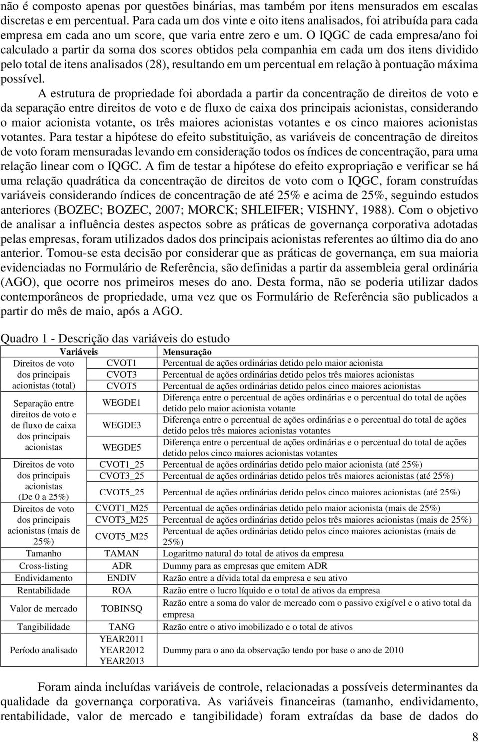 O IQGC de cada empresa/ano foi calculado a partir da soma dos scores obtidos pela companhia em cada um dos itens dividido pelo total de itens analisados (28), resultando em um percentual em relação à