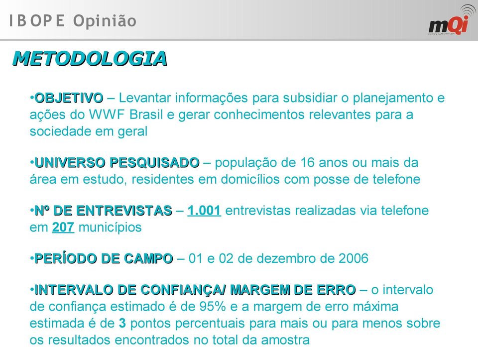 001 entrevistas realizadas via telefone em 207 municípios PERÍODO DE CAMPO 01 e 02 de dezembro de 2006 INTERVALO DE CONFIANÇA/ MARGEM DE ERRO INTERVALO DE