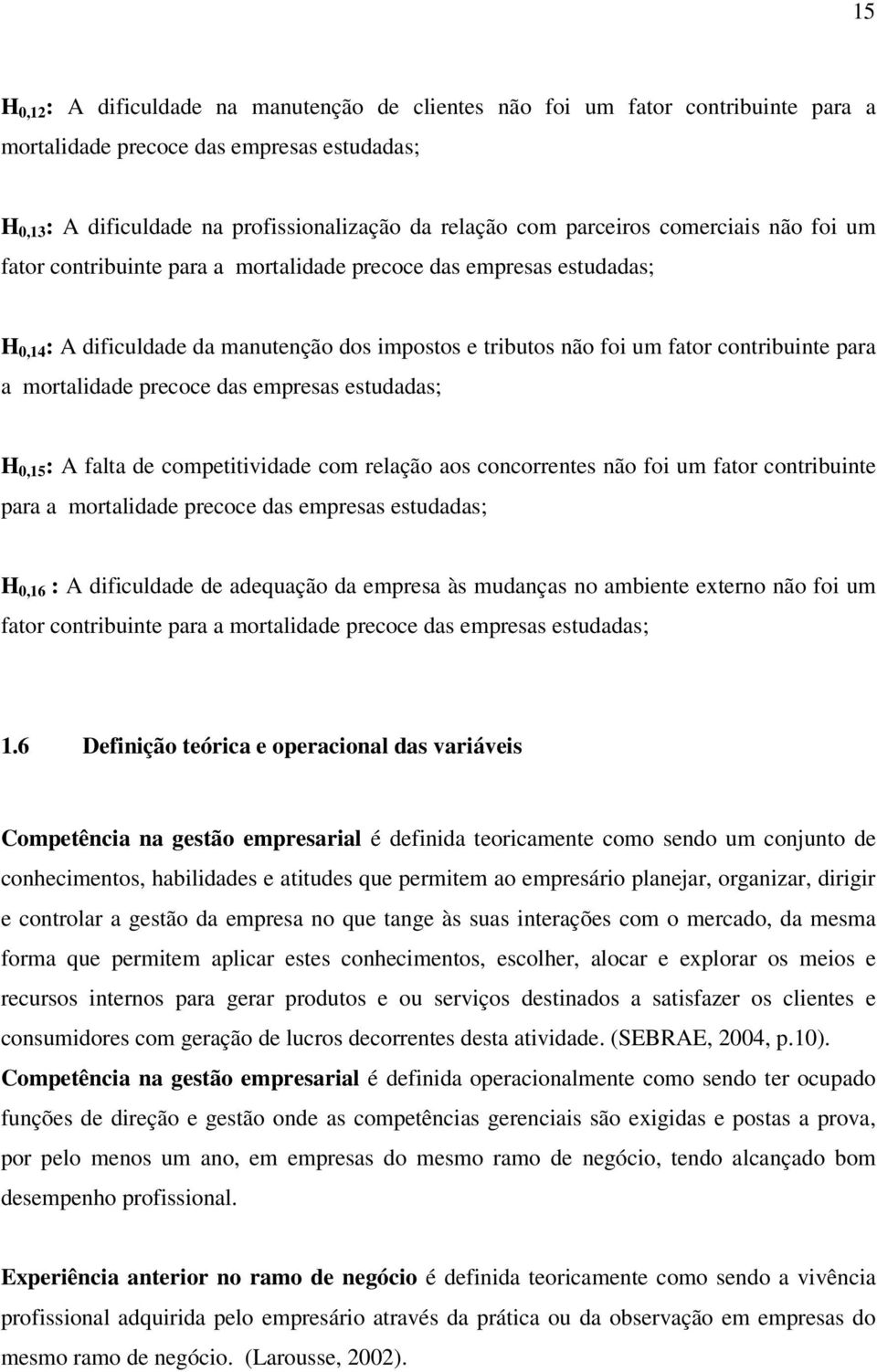 mortalidade precoce das empresas estudadas; H 0,15 : A falta de competitividade com relação aos concorrentes não foi um fator contribuinte para a mortalidade precoce das empresas estudadas; H 0,16 :