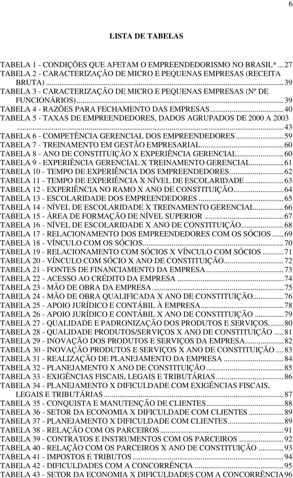 ..40 TABELA 5 - TAXAS DE EMPREENDEDORES, DADOS AGRUPADOS DE 2000 A 2003...43 TABELA 6 - COMPETÊNCIA GERENCIAL DOS EMPREENDEDORES...59 TABELA 7 - TREINAMENTO EM GESTÃO EMPRESARIAL.