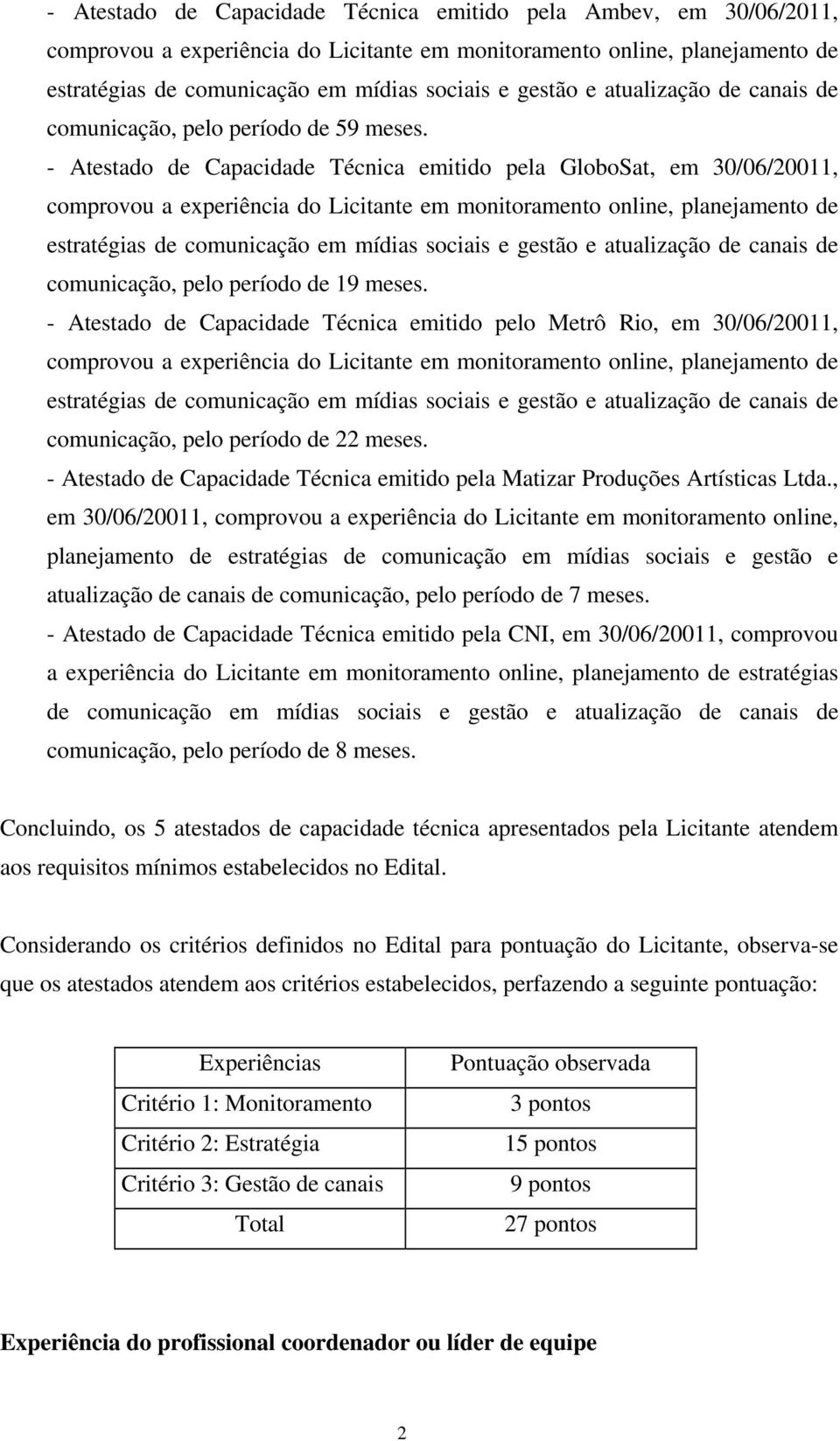 - Atestado de Capacidade Técnica emitido pela GloboSat, em 30/06/20011, comprovou a experiência do Licitante em monitoramento online, planejamento de estratégias de comunicação em mídias sociais e