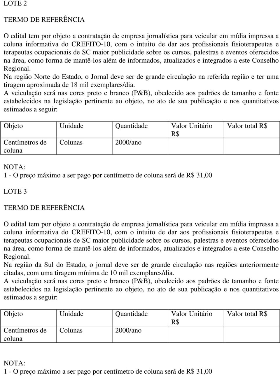 Conselho Regional. Na região Norte do Estado, o Jornal deve ser de grande circulação na referida região e ter uma tiragem aproximada de 18 mil exemplares/dia.