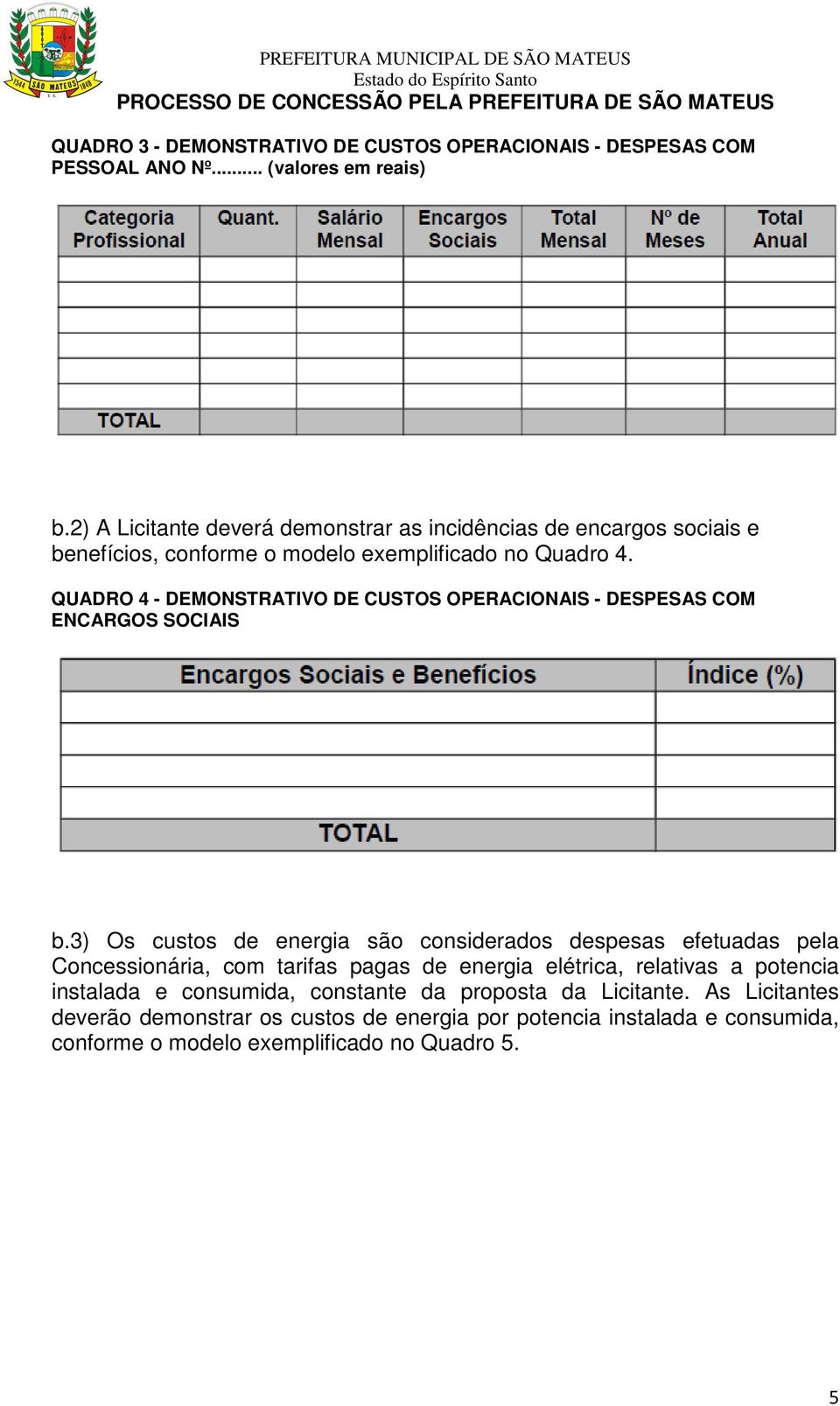 QUADRO 4 - DEMONSTRATIVO DE CUSTOS OPERACIONAIS - DESPESAS COM ENCARGOS SOCIAIS b.