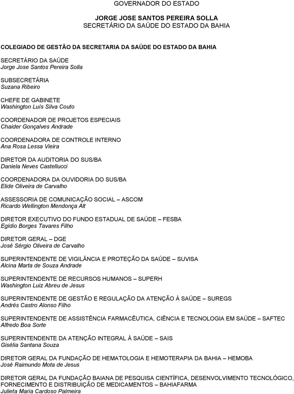 DIRETOR DA AUDITORIA DO SUS/BA Daniela Neves Castellucci COORDENADORA DA OUVIDORIA DO SUS/BA Elide Oliveira de Carvalho ASSESSORIA DE COMUNICAÇÃO SOCIAL ASCOM Ricardo Wellington Mendonça Alt DIRETOR