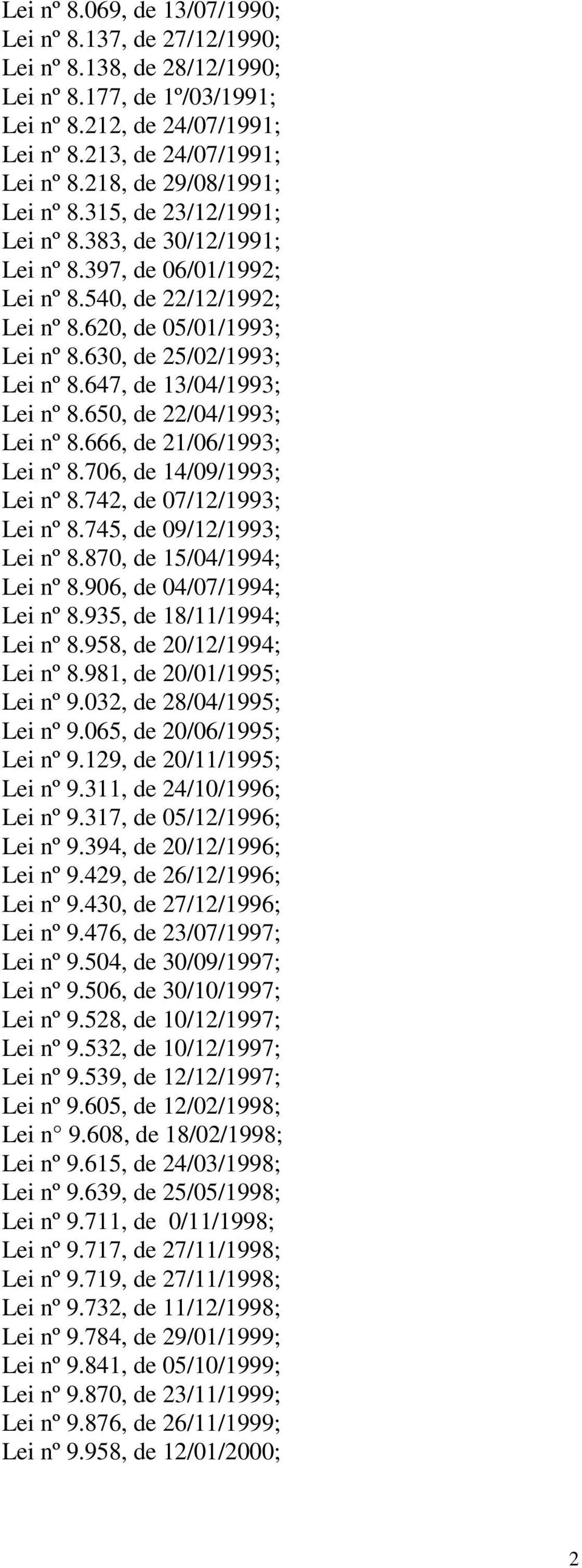 630, de 25/02/1993; Lei nº 8.647, de 13/04/1993; Lei nº 8.650, de 22/04/1993; Lei nº 8.666, de 21/06/1993; Lei nº 8.706, de 14/09/1993; Lei nº 8.742, de 07/12/1993; Lei nº 8.