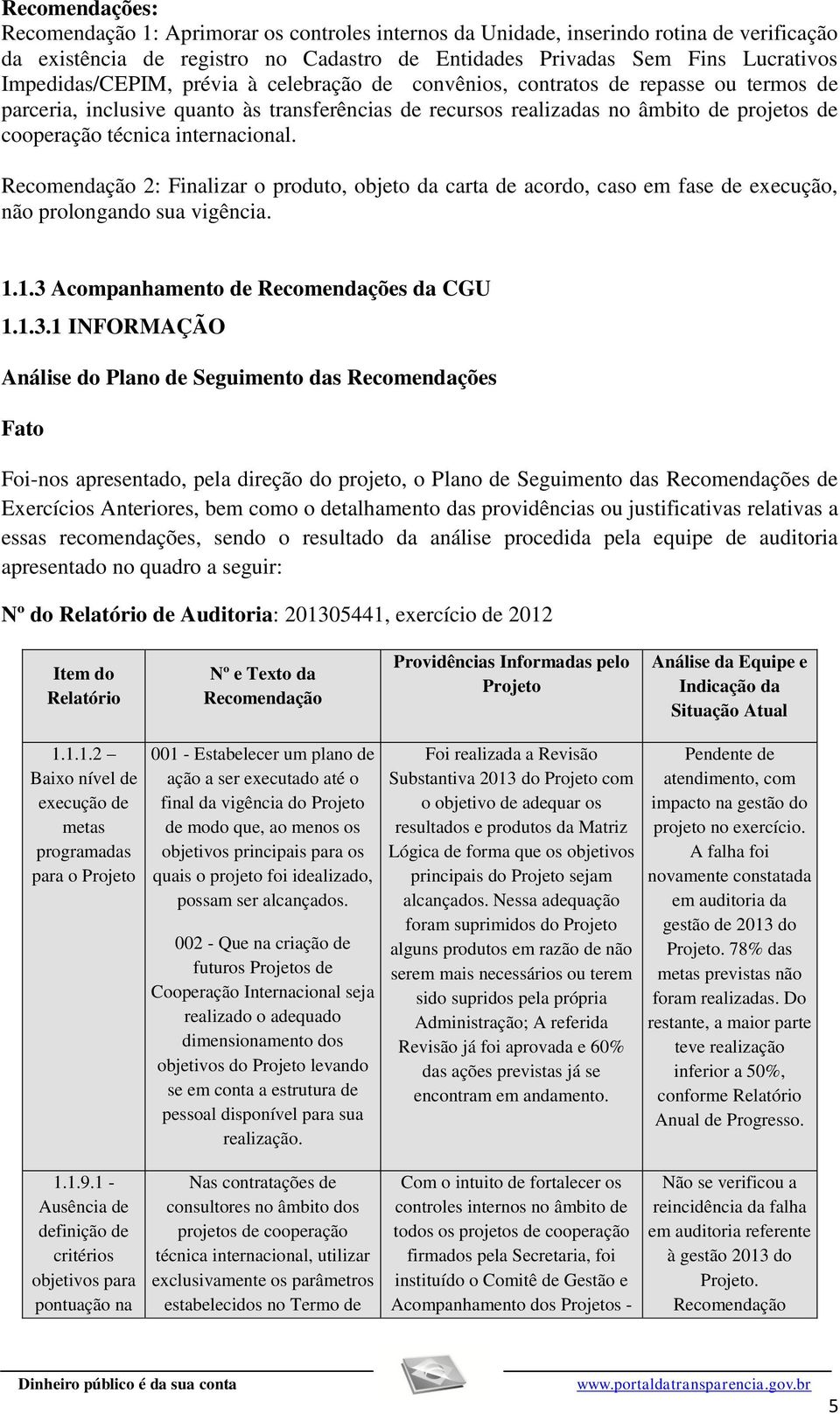 internacional. Recomendação 2: Finalizar o produto, objeto da carta de acordo, caso em fase de execução, não prolongando sua vigência. 1.1.3 