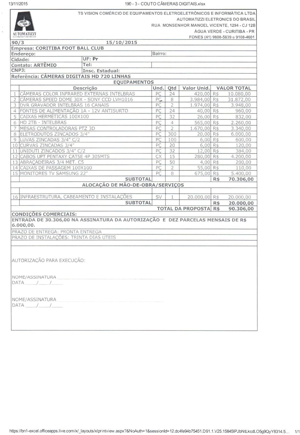 .u FONES(4119808-5639e 9108-4601 90/3 15/10/2015 Empresa: CORITIBA FOOT BALL CLUB Endereco: Cidade: UF: Pr Contato: ARTEMIO Tel: CNPJ: Insc.