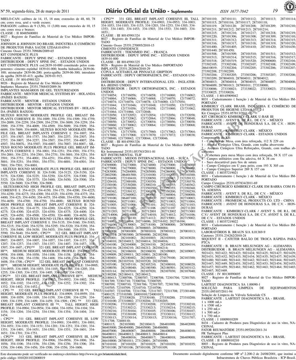 PRODUTOS PARA SAÚDE LTDA801459-0 Cimento Osseo 25351709686/2009-65 KIT CONFIDENCE PLUS FABRICANTE : DEPUY SPINE INC - ESTADOS UNIDOS DISTRIBUIDOR : DEPUY SPINE INC - ESTADOS UNIDOS KIT CONFIDENCE