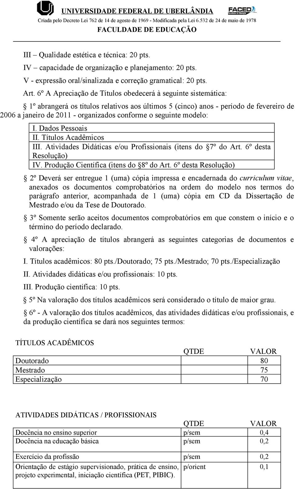 seguinte modelo: I. Dados Pessoais II. Títulos Acadêmicos III. Atividades Didáticas e/ou Profissionais (itens do 7º do Art. 6º desta Resolução) IV. Produção Científica (itens do 8º do Art.