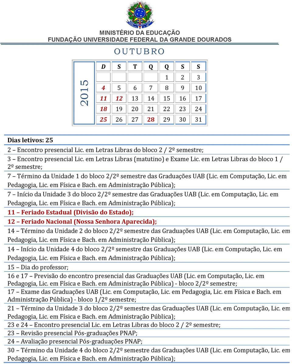 em Letras Libras do bloco 1 / 2º semestre; 7 Término da Unidade 1 do bloco 2/2º semestre das Graduações UAB (Lic. em Computação, Lic.