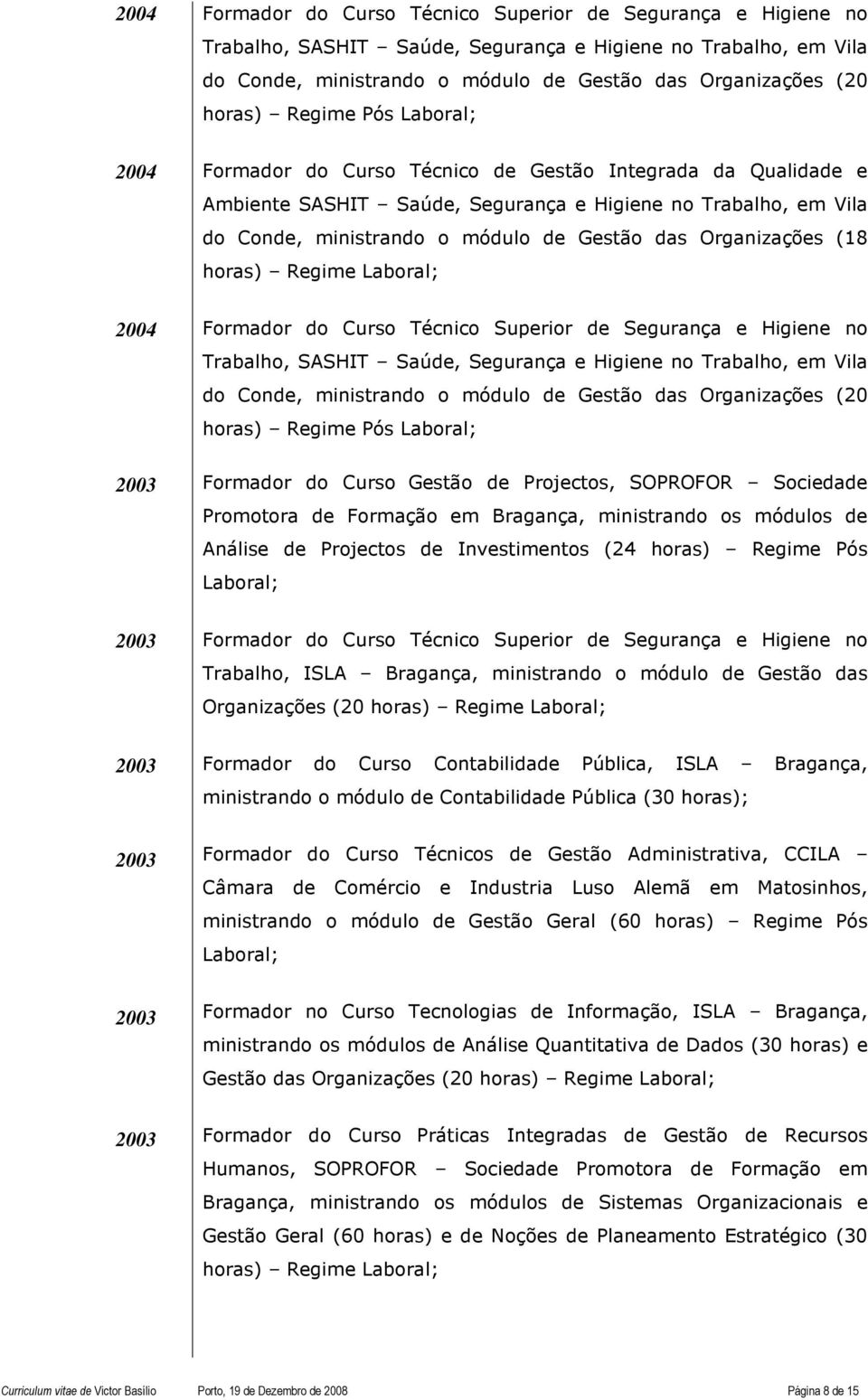 Higiene no Trabalho, em Vila do Conde, ministrando o módulo de Gestão das Organizações (20 horas) Regime Pós Laboral; Formador do Curso Gestão de Projectos, SOPROFOR Sociedade Promotora de Formação