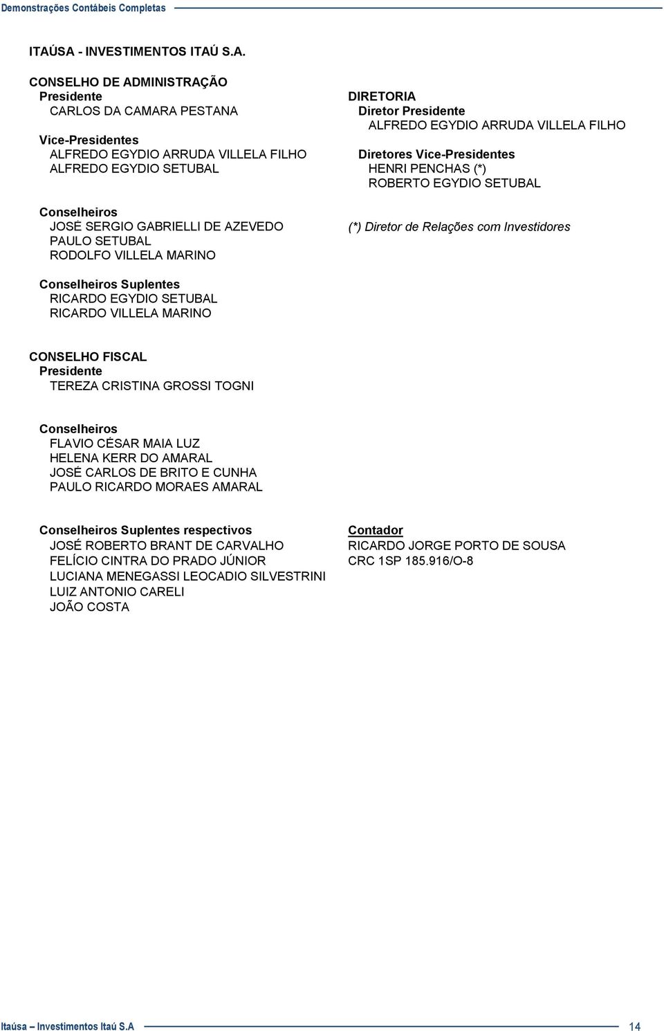 de Relações com Investidores Conselheiros Suplentes RICARDO EGYDIO SETUBAL RICARDO VILLELA MARINO CONSELHO FISCAL Presidente TEREZA CRISTINA GROSSI TOGNI Conselheiros FLAVIO CÉSAR MAIA LUZ HELENA