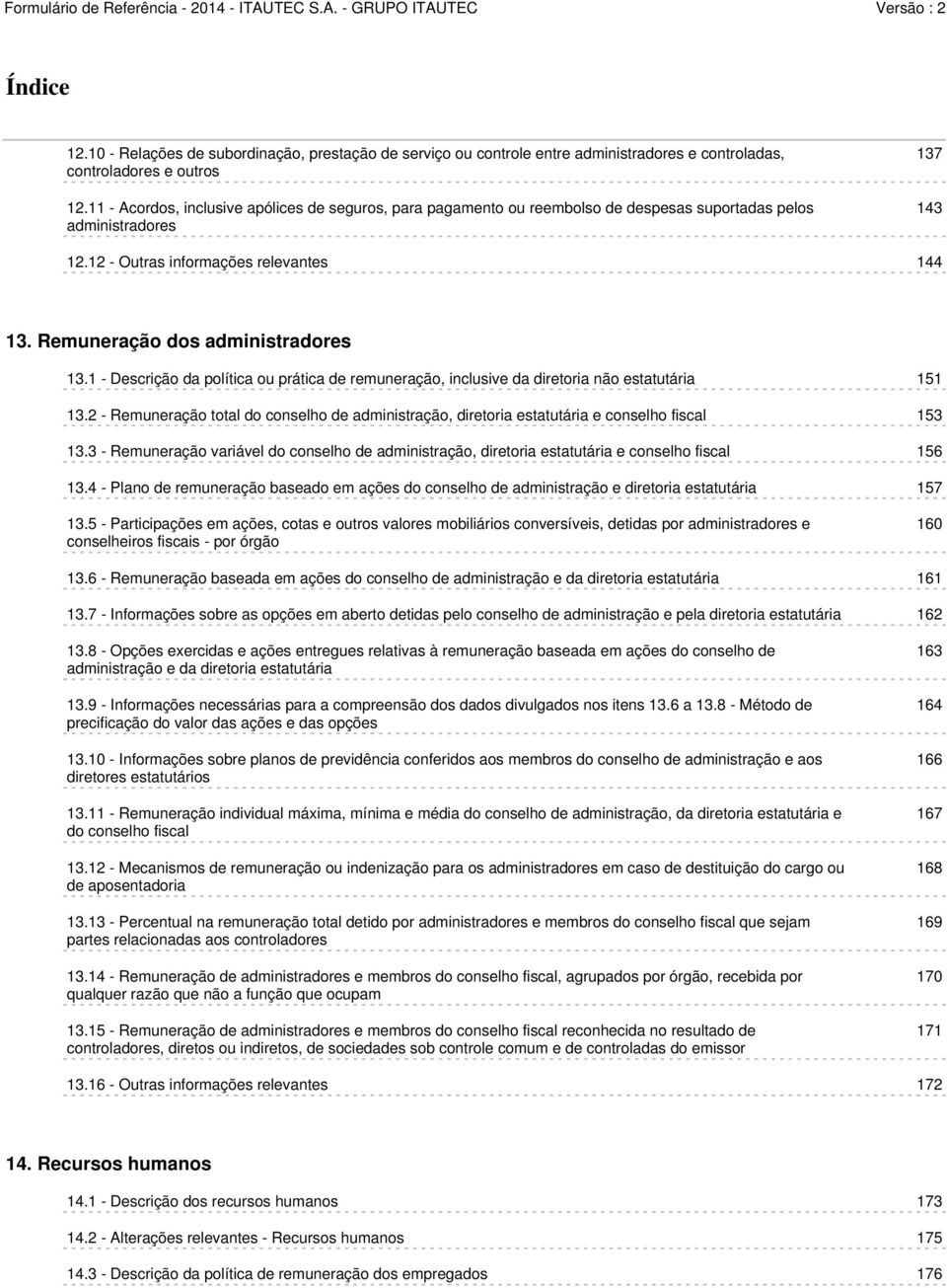 Remuneração dos administradores 13.1 - Descrição da política ou prática de remuneração, inclusive da diretoria não estatutária 151 13.