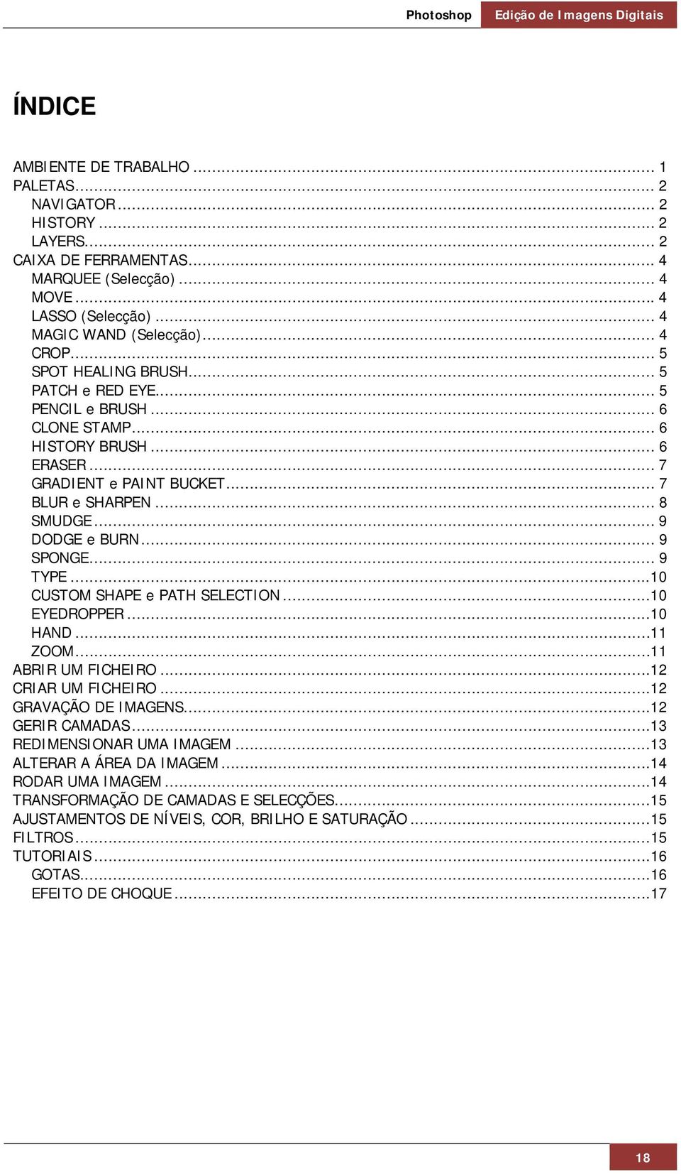 .. 9 SPONGE... 9 TYPE... 10 CUSTOM SHAPE e PATH SELECTION... 10 EYEDROPPER... 10 HAND... 11 ZOOM... 11 ABRIR UM FICHEIRO... 12 CRIAR UM FICHEIRO... 12 GRAVAÇÃO DE IMAGENS... 12 GERIR CAMADAS.