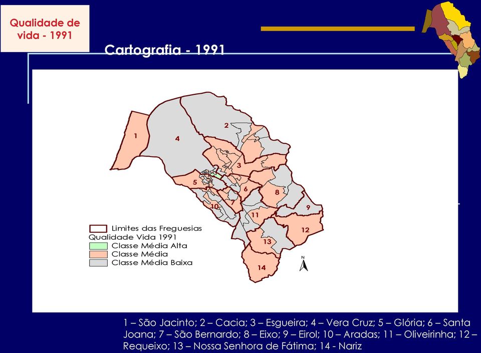 N 1 São Jacinto; 2 Cacia; 3 Esgueira; 4 Vera Cruz; 5 Glória; 6 Santa Joana; 7 São