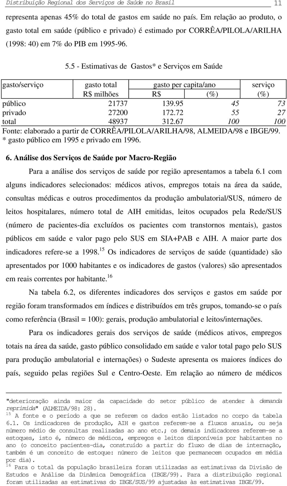 5 - Estimativas de Gastos* e Serviços em Saúde gasto/serviço gasto total gasto per capita/ano serviço R$ milhões R$ (%) (%) público 21737 139.95 45 73 privado 27200 172.72 55 27 total 48937 312.