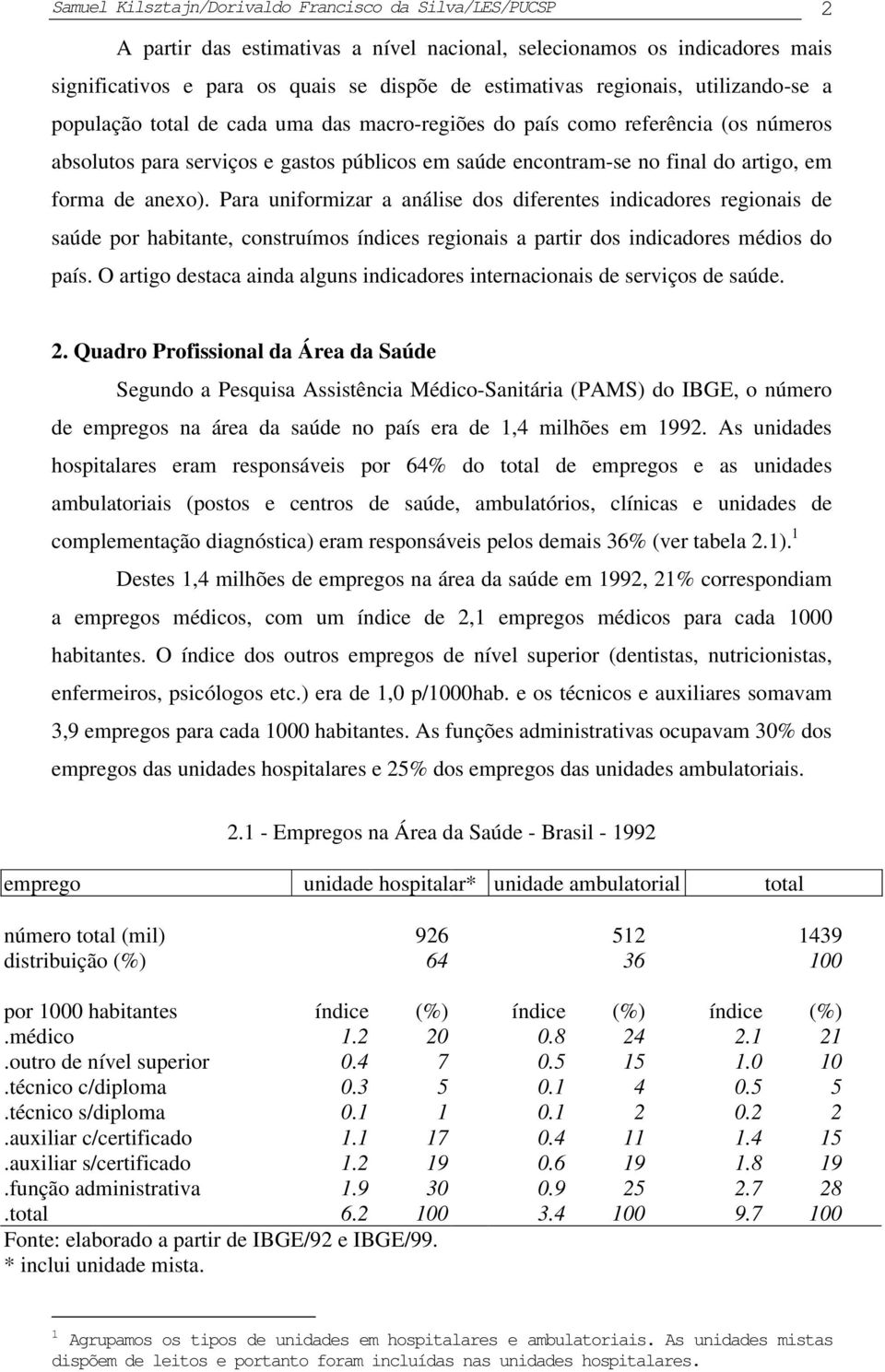 forma de anexo). Para uniformizar a análise dos diferentes indicadores regionais de saúde por habitante, construímos índices regionais a partir dos indicadores médios do país.