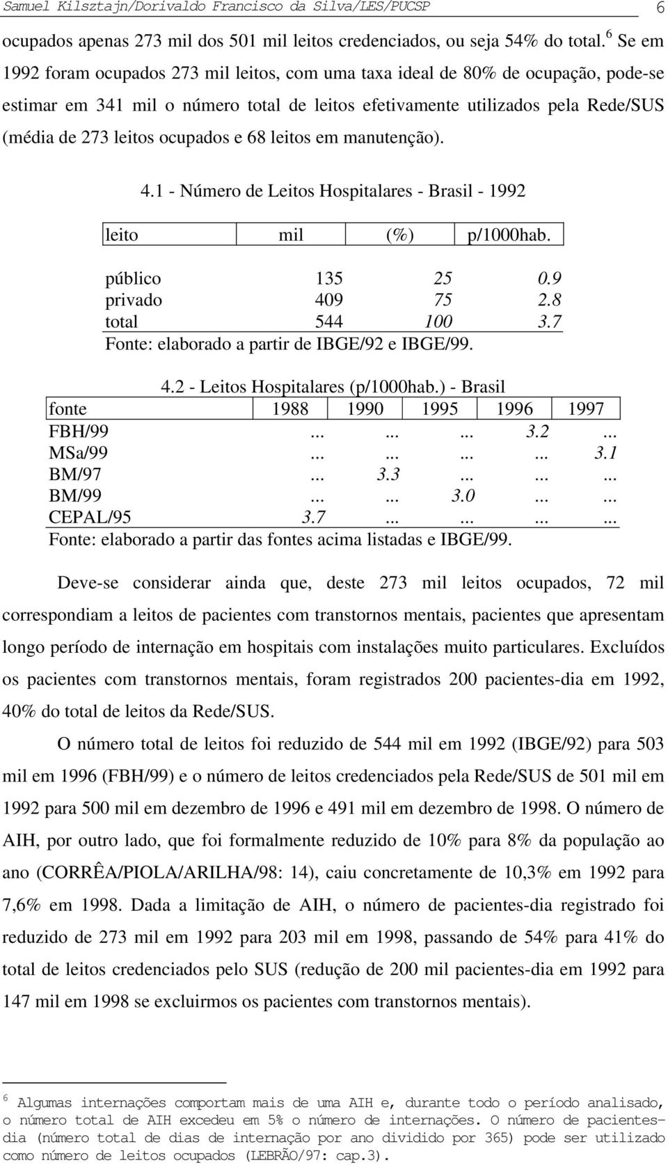 ocupados e 68 leitos em manutenção). 4.1 - Número de Leitos Hospitalares - Brasil - 1992 leito mil (%) p/1000hab. público 135 25 0.9 privado 409 75 2.8 total 544 100 3.