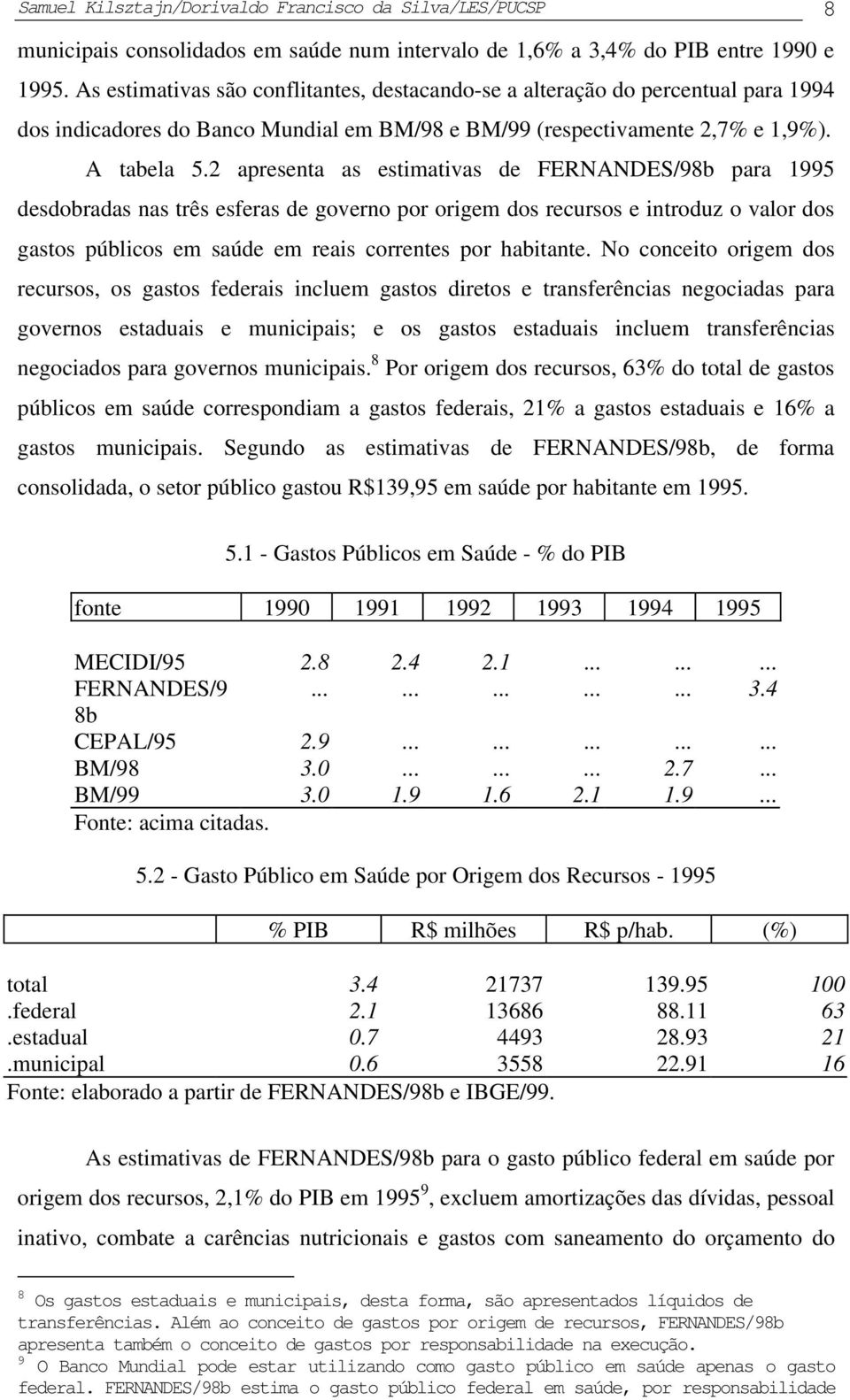 2 apresenta as estimativas de FERNANDES/98b para 1995 desdobradas nas três esferas de governo por origem dos recursos e introduz o valor dos gastos públicos em saúde em reais correntes por habitante.