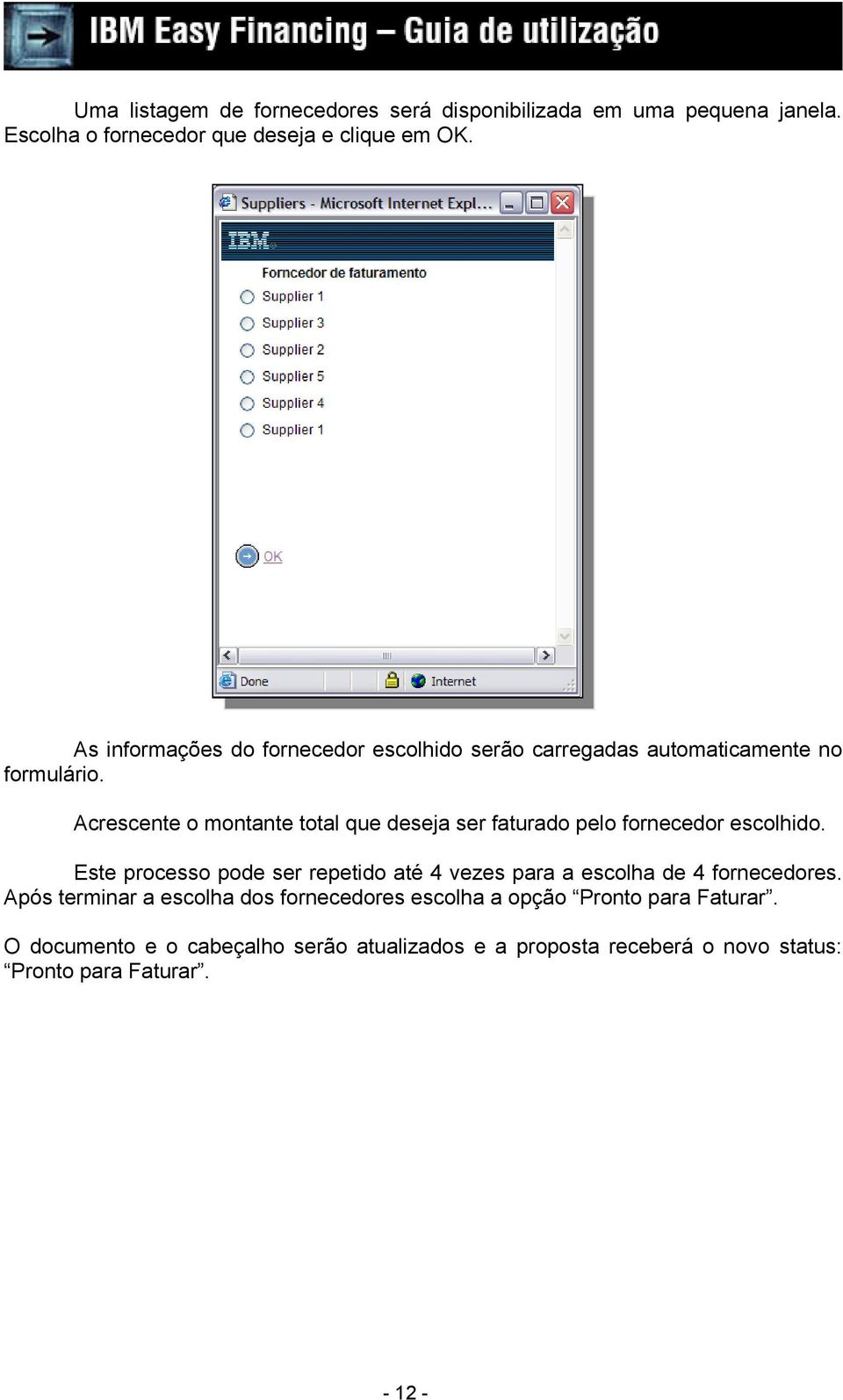 Acrescente o montante total que deseja ser faturado pelo fornecedor escolhido.