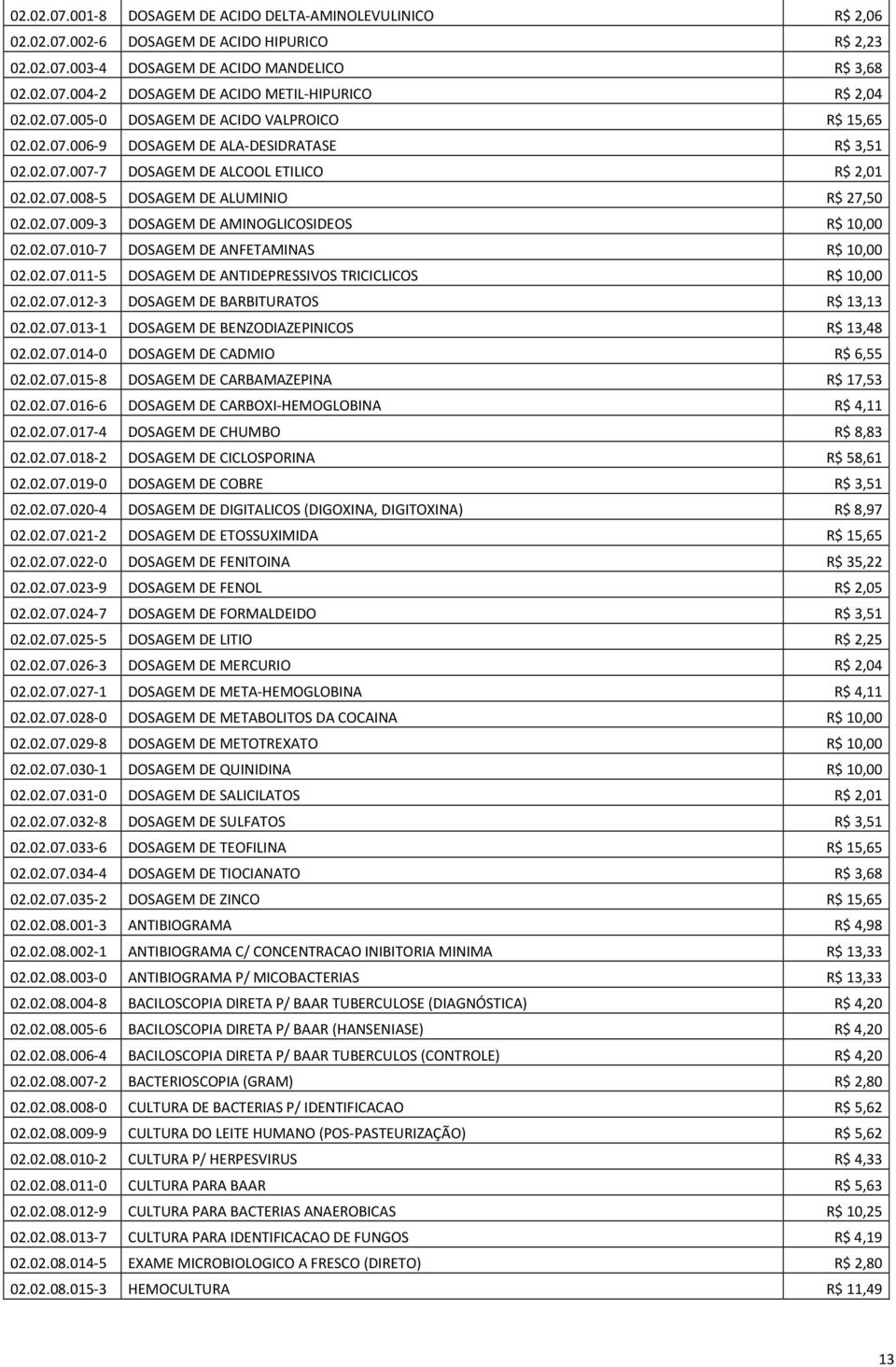 02.07.010-7 DOSAGEM DE ANFETAMINAS R$ 10,00 02.02.07.011-5 DOSAGEM DE ANTIDEPRESSIVOS TRICICLICOS R$ 10,00 02.02.07.012-3 DOSAGEM DE BARBITURATOS R$ 13,13 02.02.07.013-1 DOSAGEM DE BENZODIAZEPINICOS R$ 13,48 02.