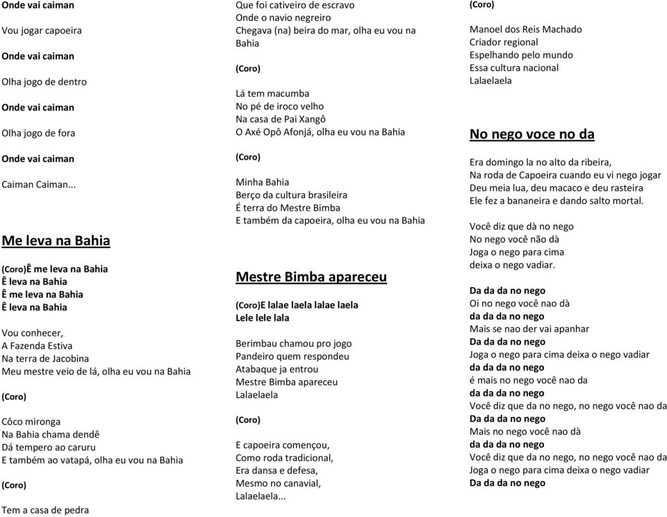 Na Bahia chama dendê Dá tempero ao caruru E também ao vatapá, olha eu vou na Bahia Tem a casa de pedra Que foi cativeiro de escravo Onde o navio negreiro Chegava (na) beira do mar, olha eu vou na