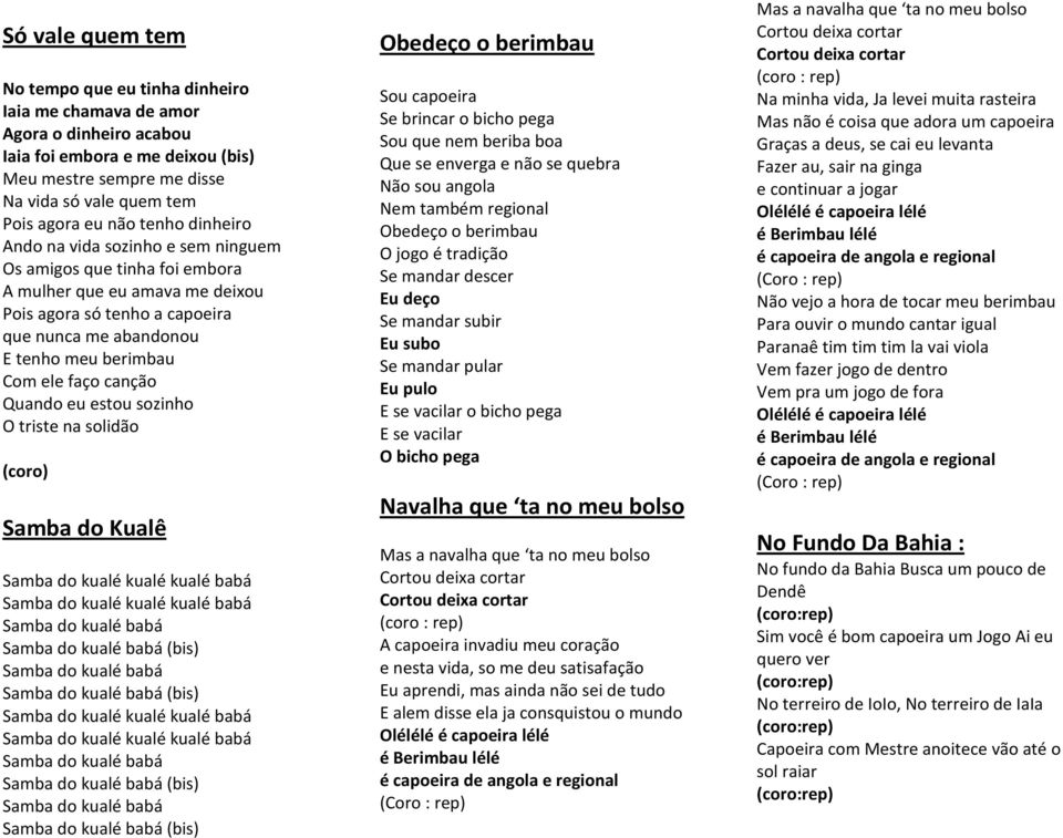 faço canção Quando eu estou sozinho O triste na solidão Samba do Kualê Samba do kualé kualé kualé babá Samba do kualé kualé kualé babá Samba do kualé babá Samba do kualé babá (bis) Samba do kualé