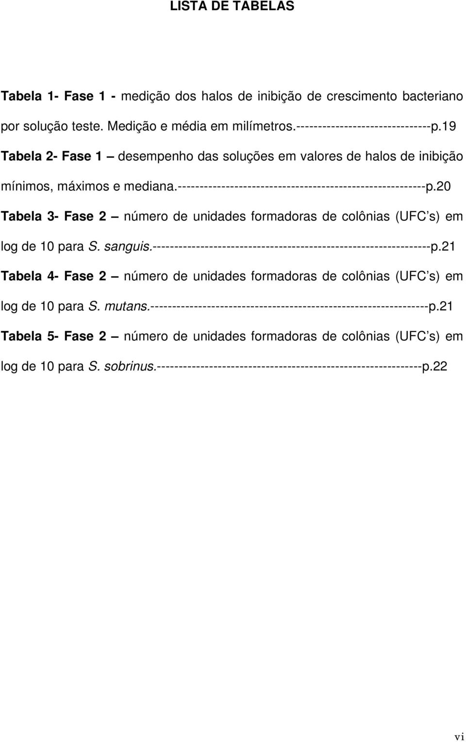 20 Tabela 3- Fase 2 número de unidades formadoras de colônias (UFC s) em log de 10 para S. sanguis.----------------------------------------------------------------p.