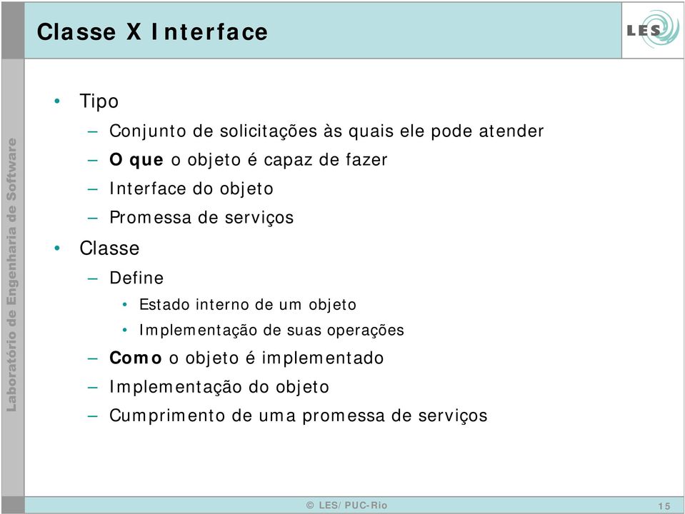 Define Estado interno de um objeto Implementação de suas operações Como o