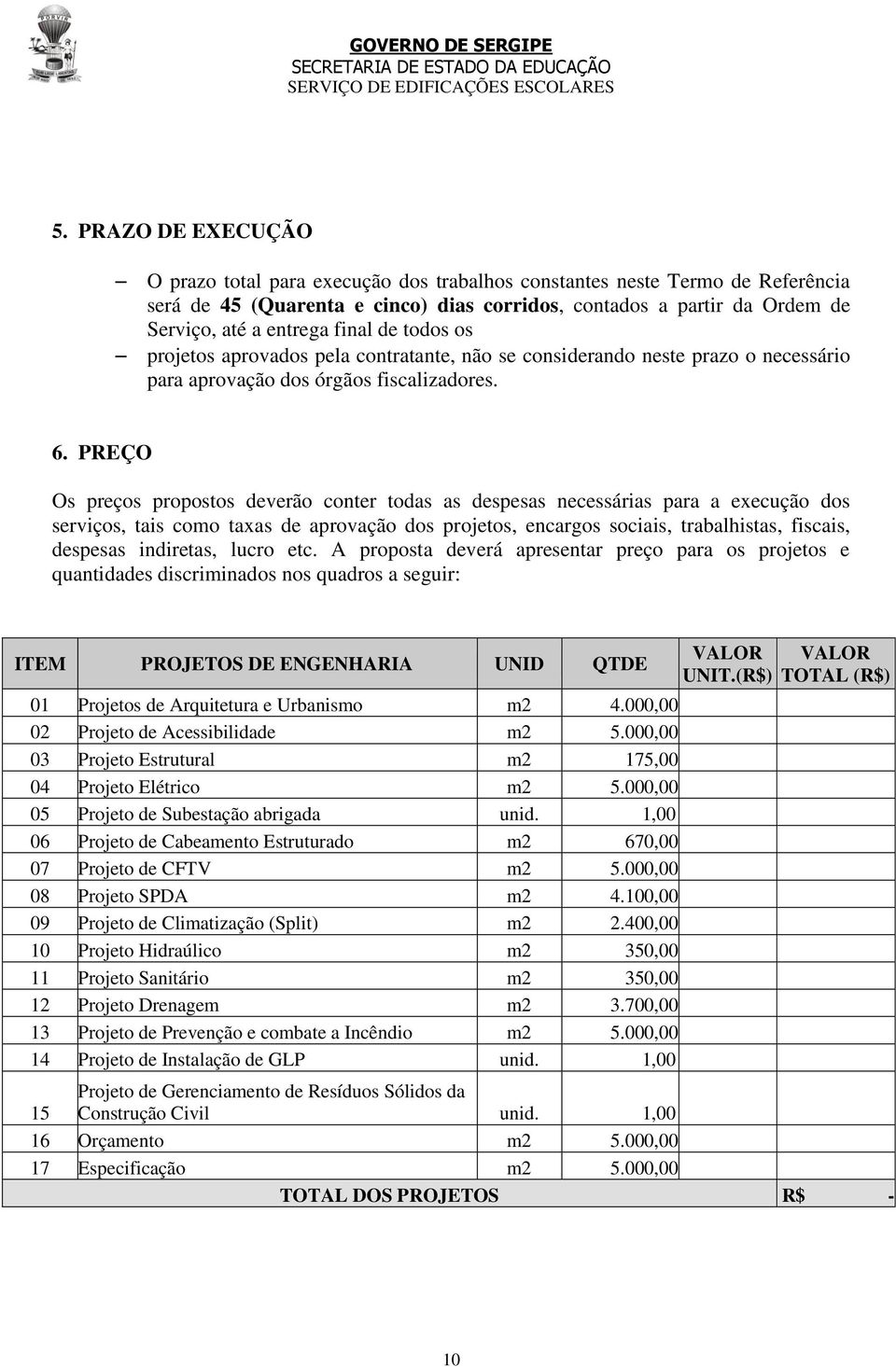 PREÇO Os preços propostos deverão conter todas as despesas necessárias para a execução dos serviços, tais como taxas de aprovação dos projetos, encargos sociais, trabalhistas, fiscais, despesas