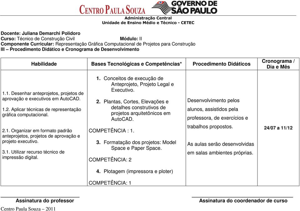 Aplicar técnicas de representação gráfica computacional. 2.1. Organizar em formato padrão anteprojetos, projetos de aprovação e projeto executivo. 3.1. Utilizar recurso técnico de impressão digital.