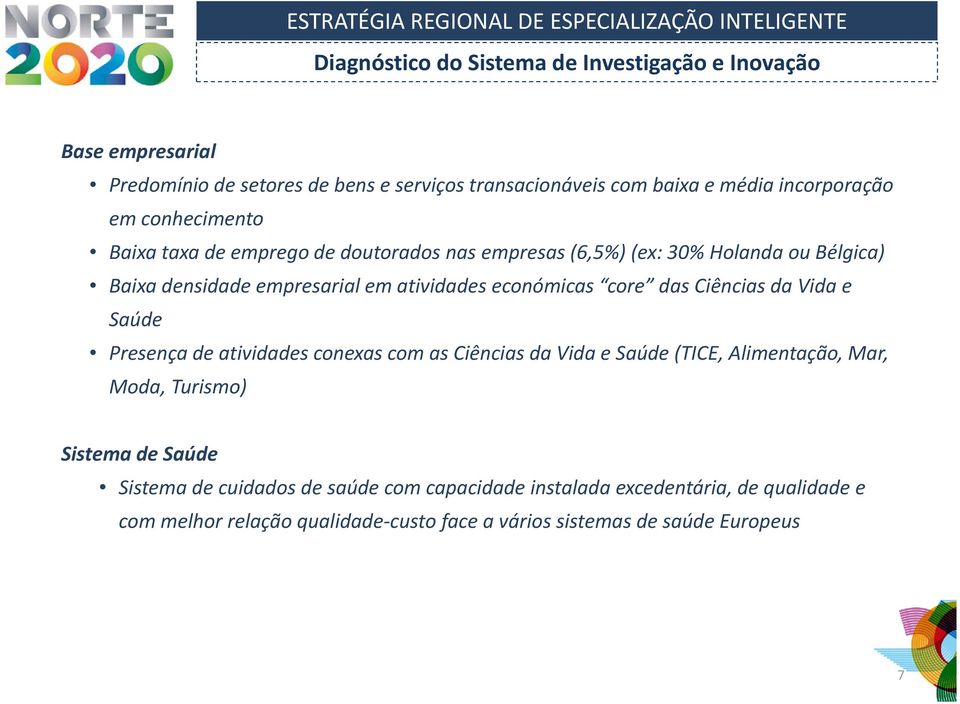 core das Ciências da Vida e Saúde Presença de atividades conexas com as Ciências da Vida e Saúde (TICE, Alimentação, Mar, Moda, Turismo) Sistema de Saúde