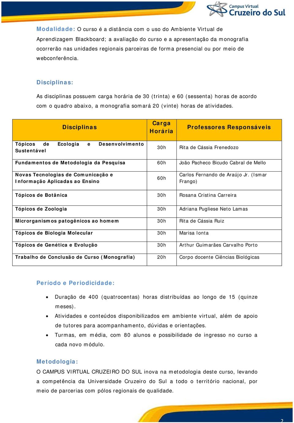 Disciplinas: As disciplinas possuem carga horária de 30 (trinta) e 60 (sessenta) horas de acordo com o quadro abaixo, a monografia somará 20 (vinte) horas de atividades.