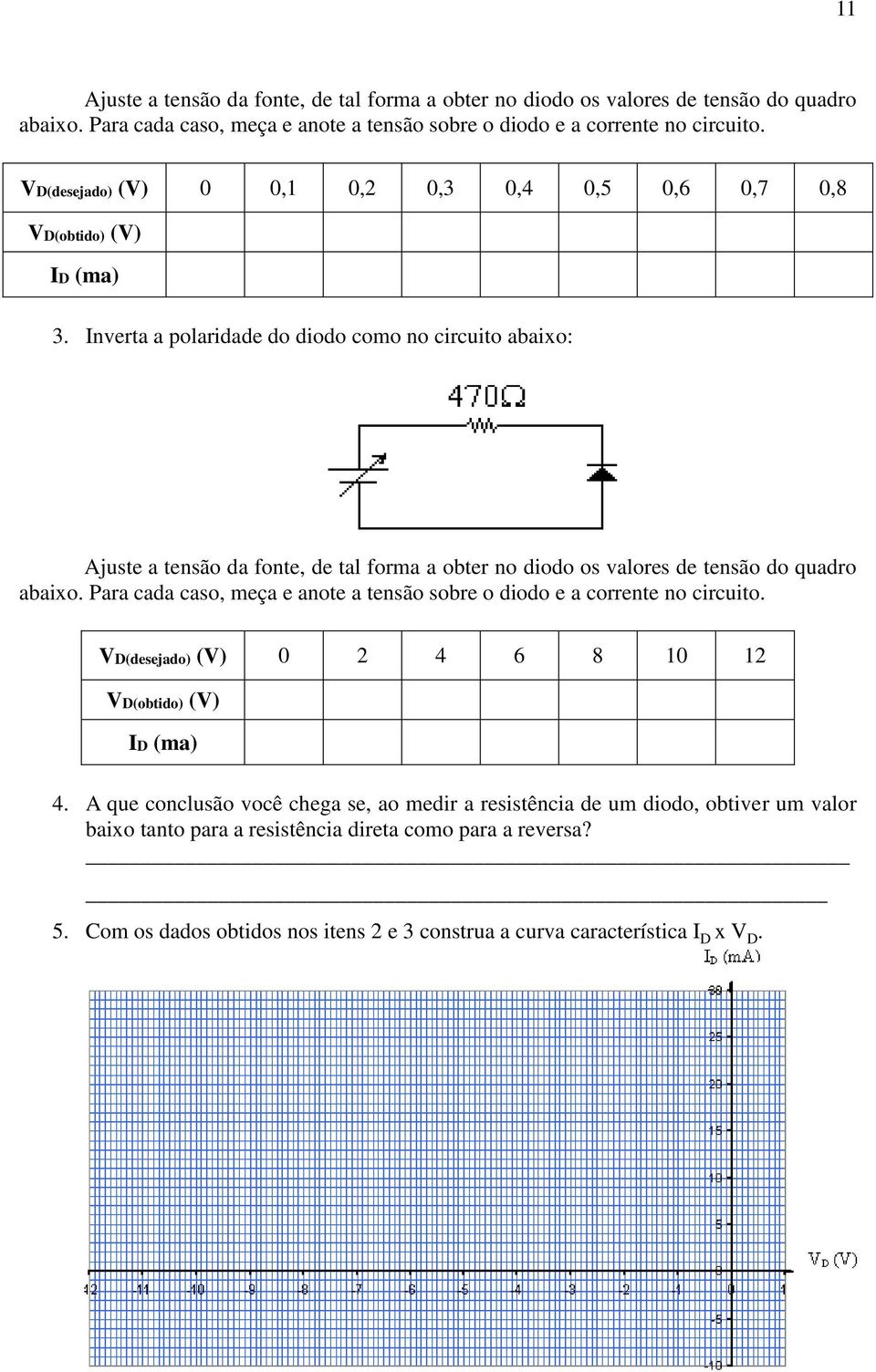 Inverta a polaridade do diodo como no circuito abaixo: Ajuste a tensão da fonte, de tal forma a obter no diodo os valores de tensão do quadro abaixo.