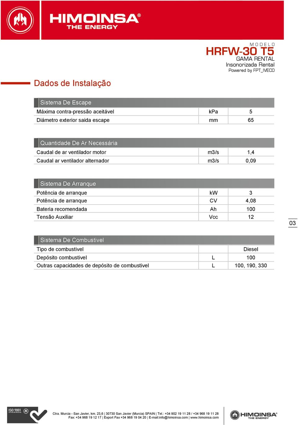 Arranque Potência de arranque kw 3 Potência de arranque CV 4,08 Bateria recomendada Ah 100 Tensão Auxiliar Vcc 12 03 Sistema