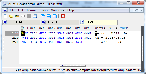 Armazenamento da Informação Texto Tabela ASCII Exemplo: editor Notepad