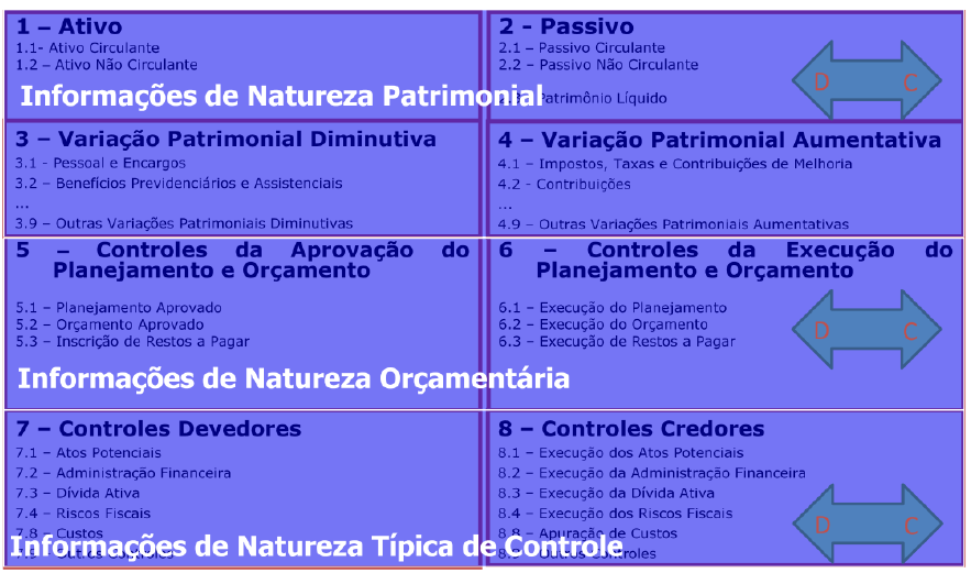 Figura 20: Relação de classes e naturezas das informações A natureza da informação evidenciada pelas contas das quatro primeiras classes, 1 a 4, é Patrimonial, ou seja, informa a situação do