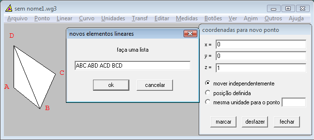 Utilização do Software Wingeom no Ensino 18 Figura 6: Tetraedro No Wingeom 3-dim, os pontos, as retas e os planos são inseridos através de coordenadas cartesianas, não sendo possível arrastar pontos