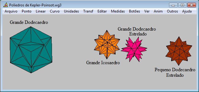 Utilização do Software Wingeom no Ensino 22 A figura 7 apresenta os poliedros de Platão, do menu Unidades/Poliedro/Clássicos, com mesmo comprimento de arestas.