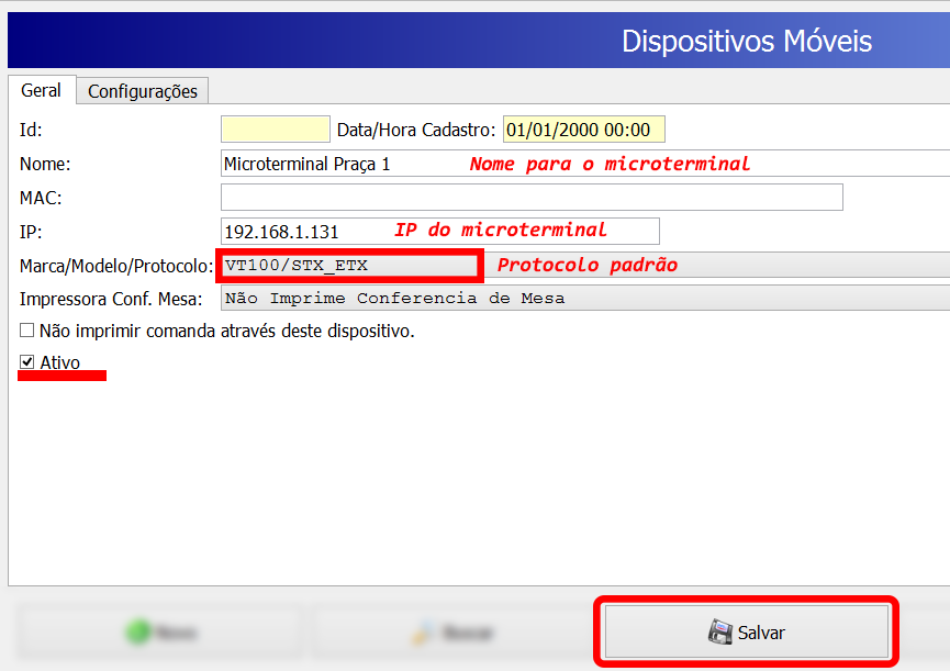 Escolha um nome de identificação para o dispositivo, não é necessário informar o endereço MAC para o microterminal, em seguida informe o IP obtido do microterminal, escolha o protocolo padrão de