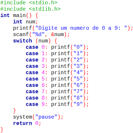 Comando switch Comando break: Faz com que o switch seja interrompido assim que uma das sequências de comandos seja executada. Não é essencial.