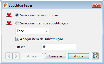 2 Clique no botão Substituir Faces. O diálogo Substituir Faces é exibido: 3 Clique em Selecionar faces originais e selecione as faces que você deseja substituir na janela gráfica. muda para.