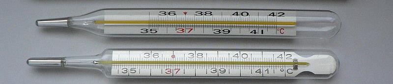 Imagem: Zwager / Public Domain TERMÔMETRO CLÍNICO É um termômetro de mercúrio adaptado para funcionar no intervalo de temperaturas de 35 C a 44 C.