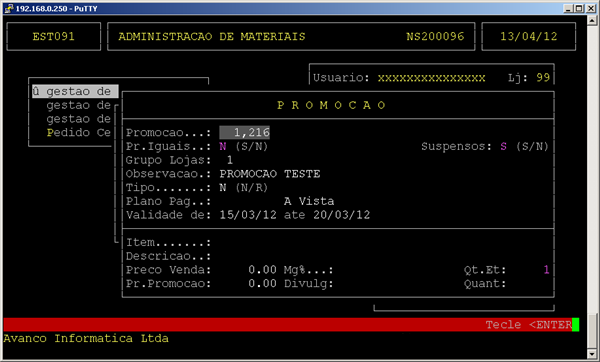 uma carga para o frente de loja no seguinte caminho: Menu