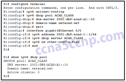 1. Consulte a exposição. Um administrador de rede está a configurar um roteador como um servidor DHCPv6. O administrador emite um comando piscina dhcp show de IPv6 para verificar a configuração.