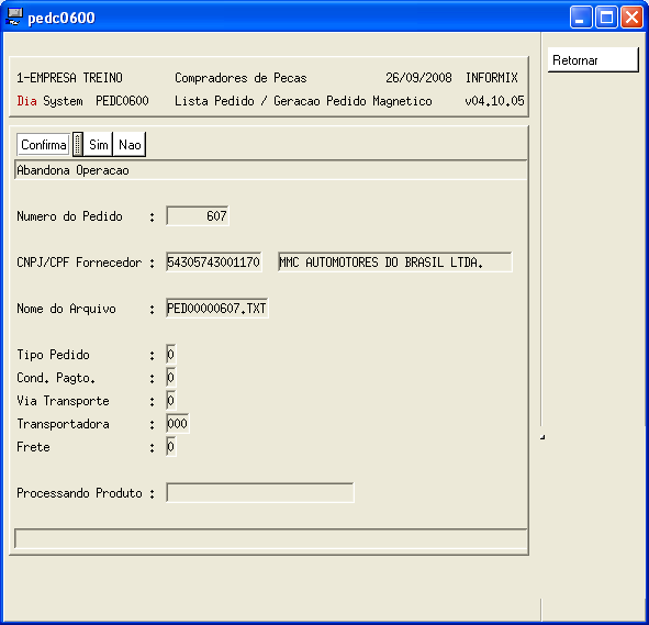 Gerente de Peças Capitulo 20 Informe o Numero do Pedido e aparecera o nome do arquivo que será gerado no Diretório: /sisdia/pedido, informe demais campos e confirme Sim: 0=Estoque, 1=Veiculo Parado.