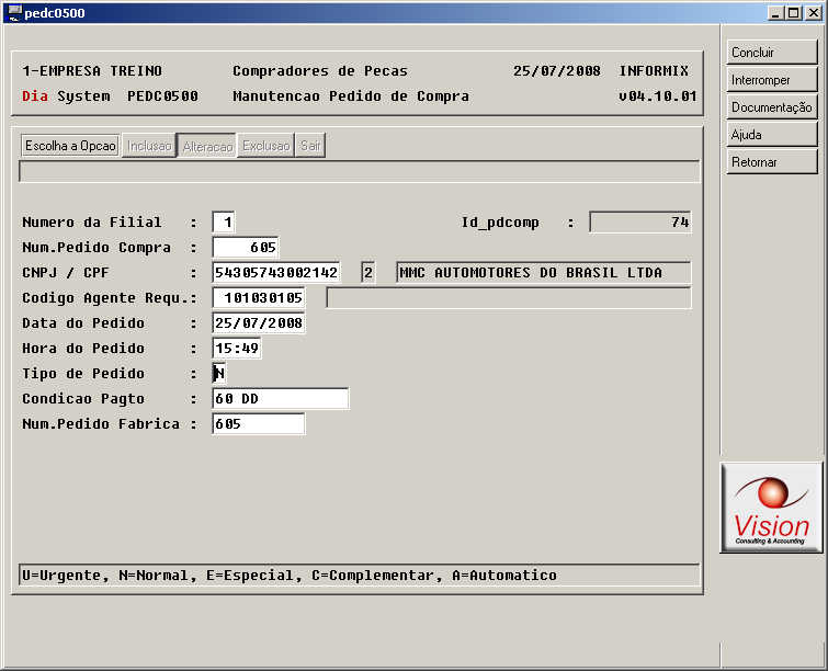 Gerente de Peças Capitulo 17 Para efetuar a manutenção no pedido de compra deve ser utilizado o PEDC0500. Temos as opções de manutenção na capa e nos itens na mesma lógica do PEDC2000.
