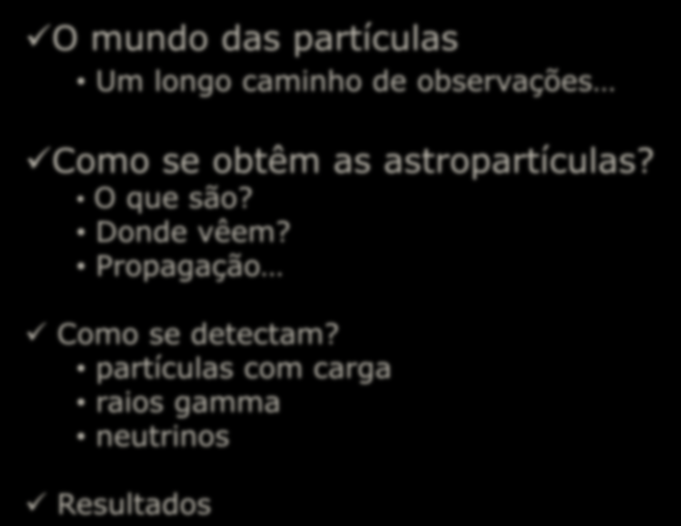 Tópicos O mundo das partículas Um longo caminho de observações Como se obtêm as astropartículas? O que são?