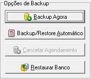 (1) Nesta seção você encontra as opções do programa para fazer o backup agora ou agenda-lo para uma data de sua preferência, configurar o sistema para que o backup e restauração do banco de dados