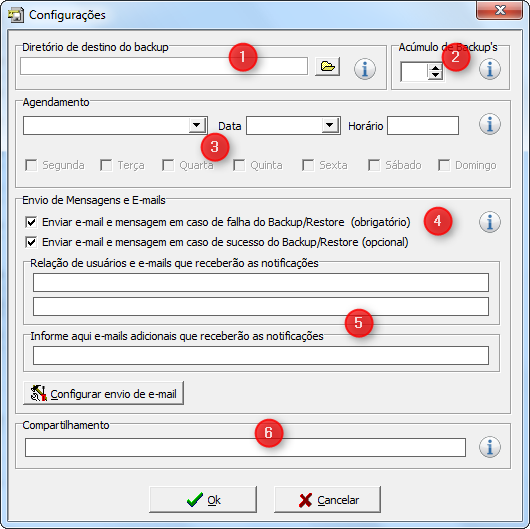 Configurações (1) Nesta tela você define o diretório onde será gravado o backup do banco. (2) A quantidade de arquivos de backup realizados que serão mantidos em seu computador.